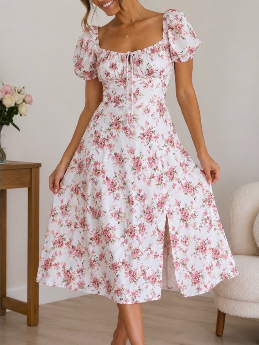 Square Neck Puff Sleeve Midi Dress in Pink Floral